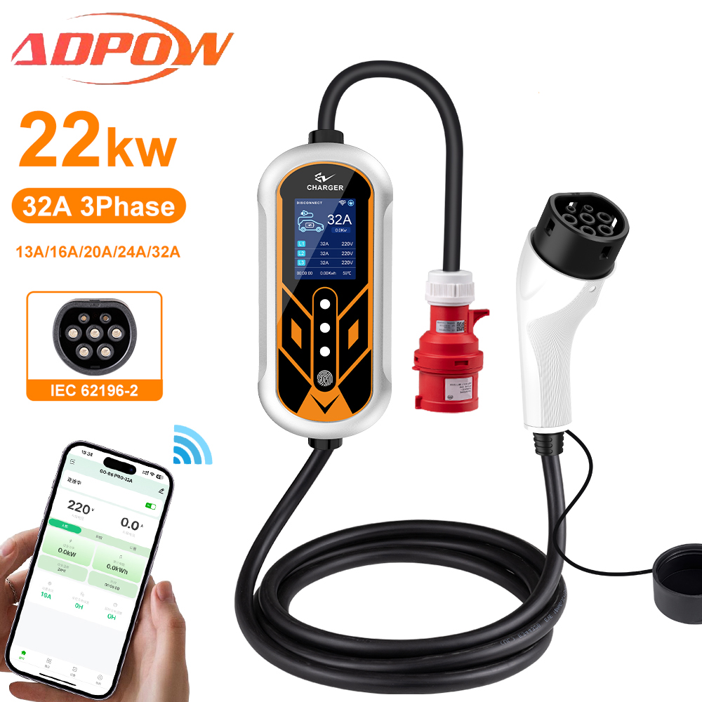 Portable Ev Charger 32A Type 2 Cee Plug - Adhow portátil 32a type2 ev carregadores