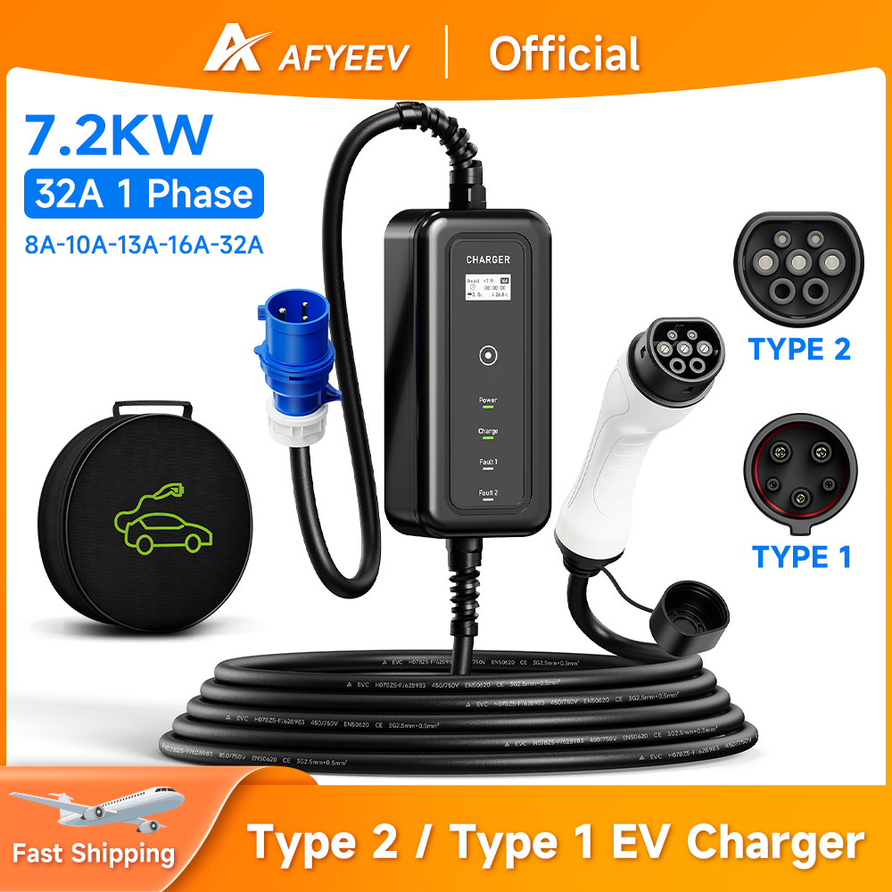 Portable Ev Charger 32A Type 2 Cee Plug - AFYEEV Carregador Portátil EV, Wallbox Tipo