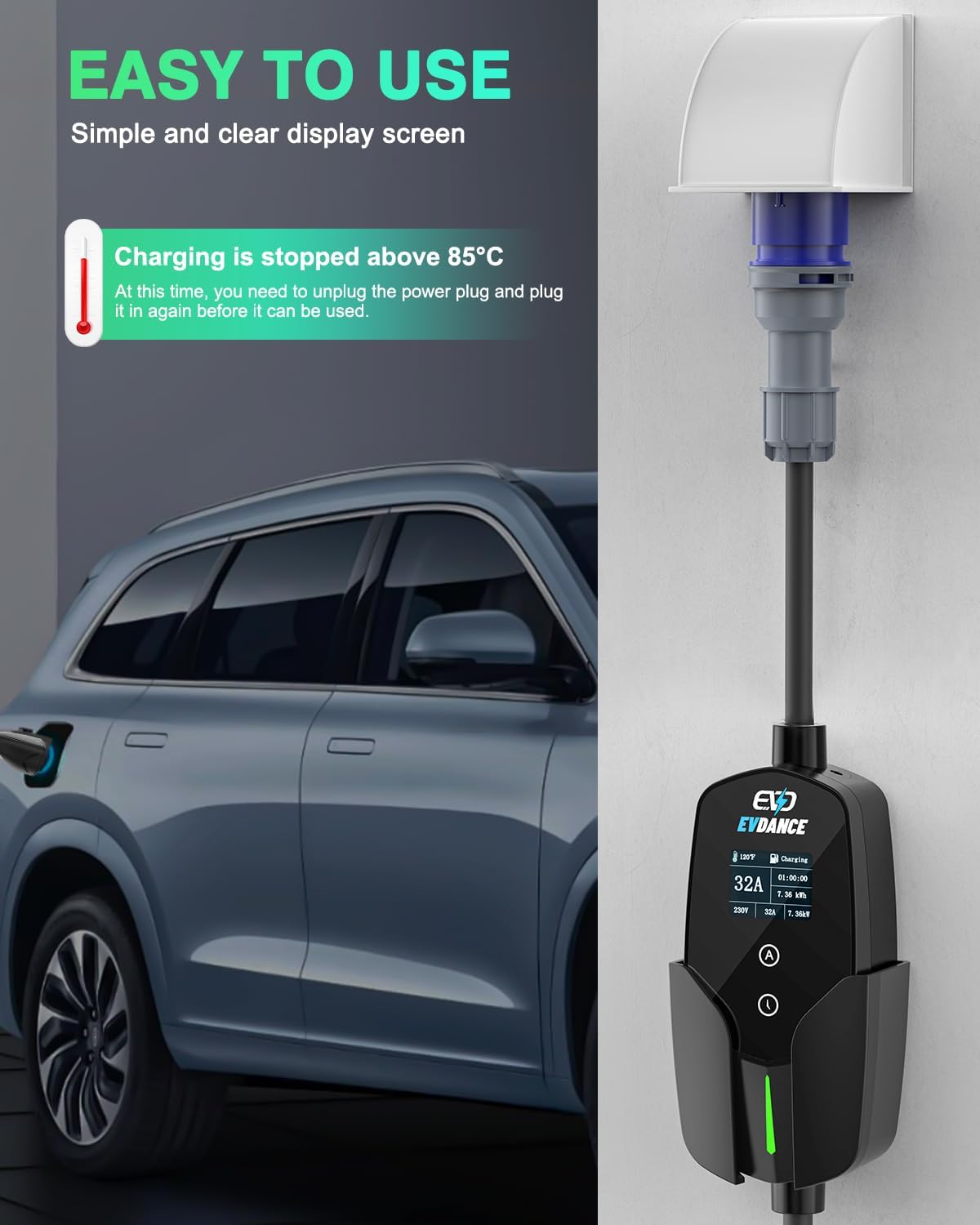 EVDANCE-Carregador de Carro El - Portable Ev Charger 32A Type 2 Cee Plug avaliação e preço