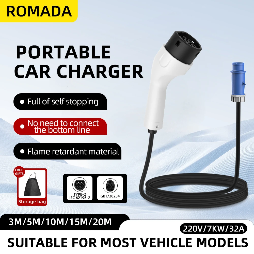Romada type2 IEC62196-2 para v - Portable Ev Charger 32A Type 2 Cee Plug avaliação e preço