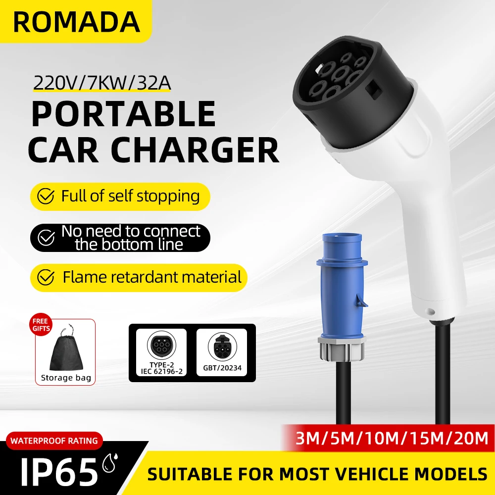 Romada type2 IEC62196-2 para v - Portable Ev Charger 32A Type 2 Cee Plug avaliação e preço